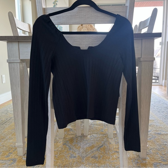 Free People - Black Ribbed Long Sleeve Square Neck Top w/ Boned V at Décolletage - Picture 4 of 6